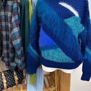Multi-Textured Blue Geometric Pattern Sweater